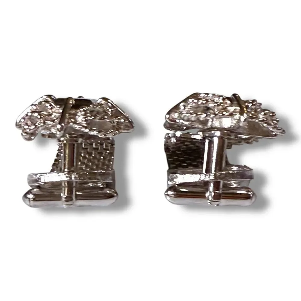 Vintage Wraparound Cufflinks Mens Silver Tone Gray Glass Rope Square Bullet Back
